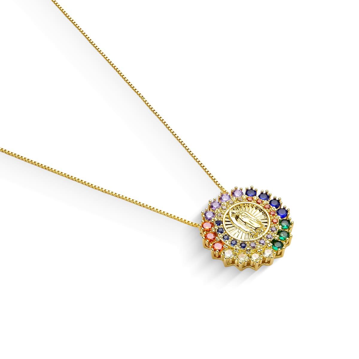 Colar Santa Cravejada Colorida Banhado a Ouro 18K