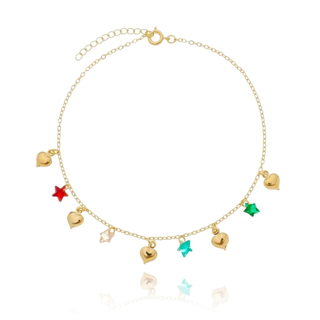 Tornozeleira Gotas Com Estrelas Coloridas Banhada A Ouro 18K