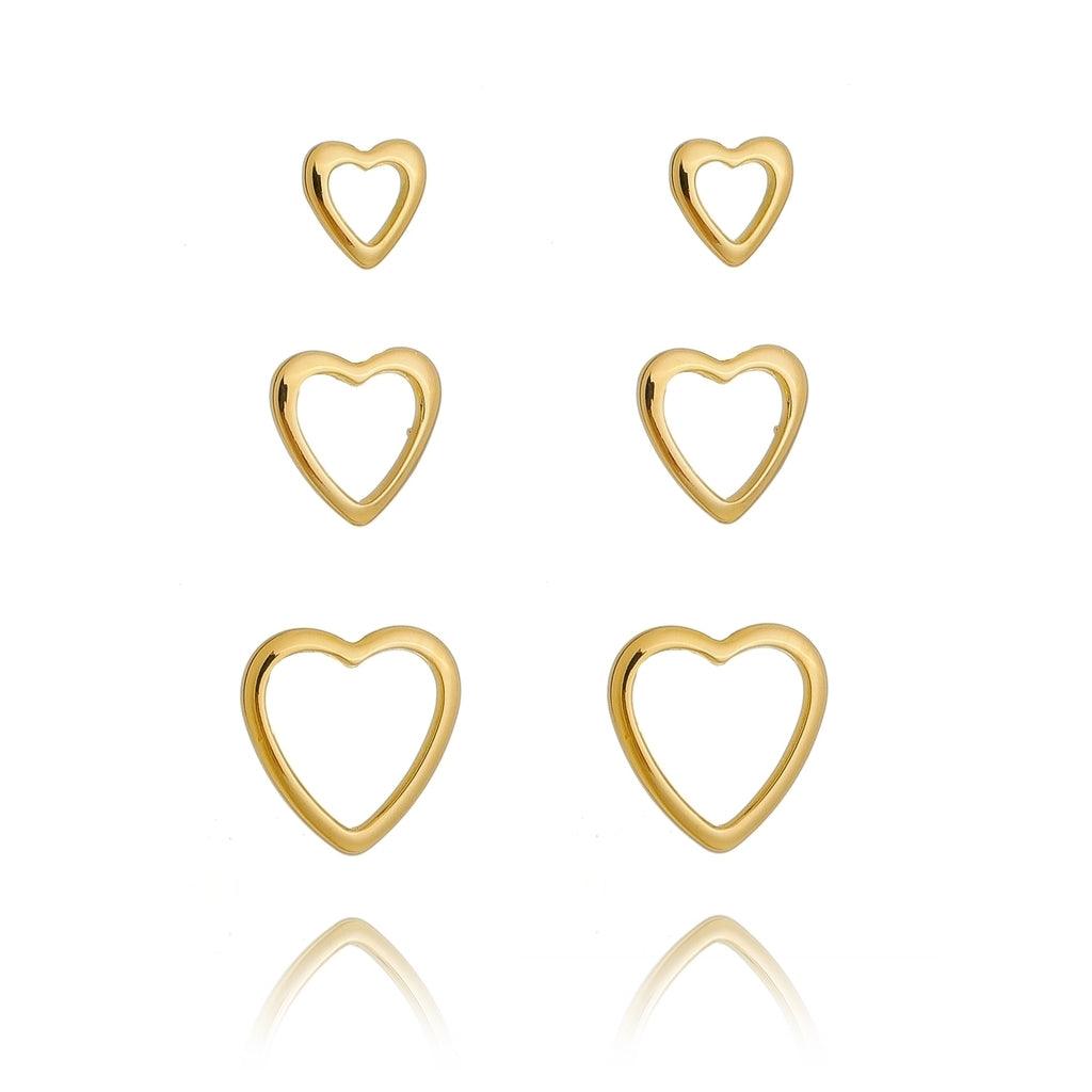 Brinco Trio Coração Vazado Banhado a Ouro 18k - Mafê Acessórios