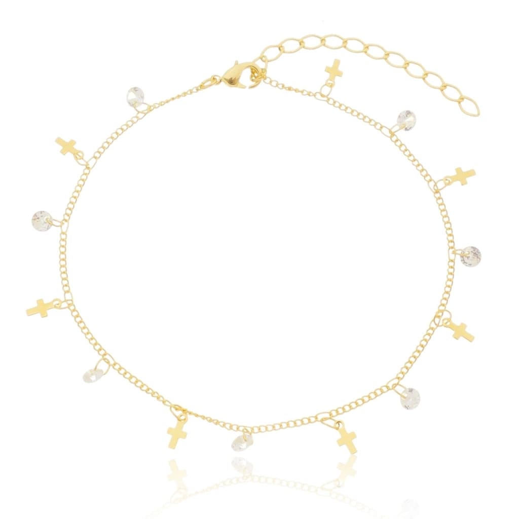 Tornozeleira Cruz Com Zircônias Banhada A Ouro 18K