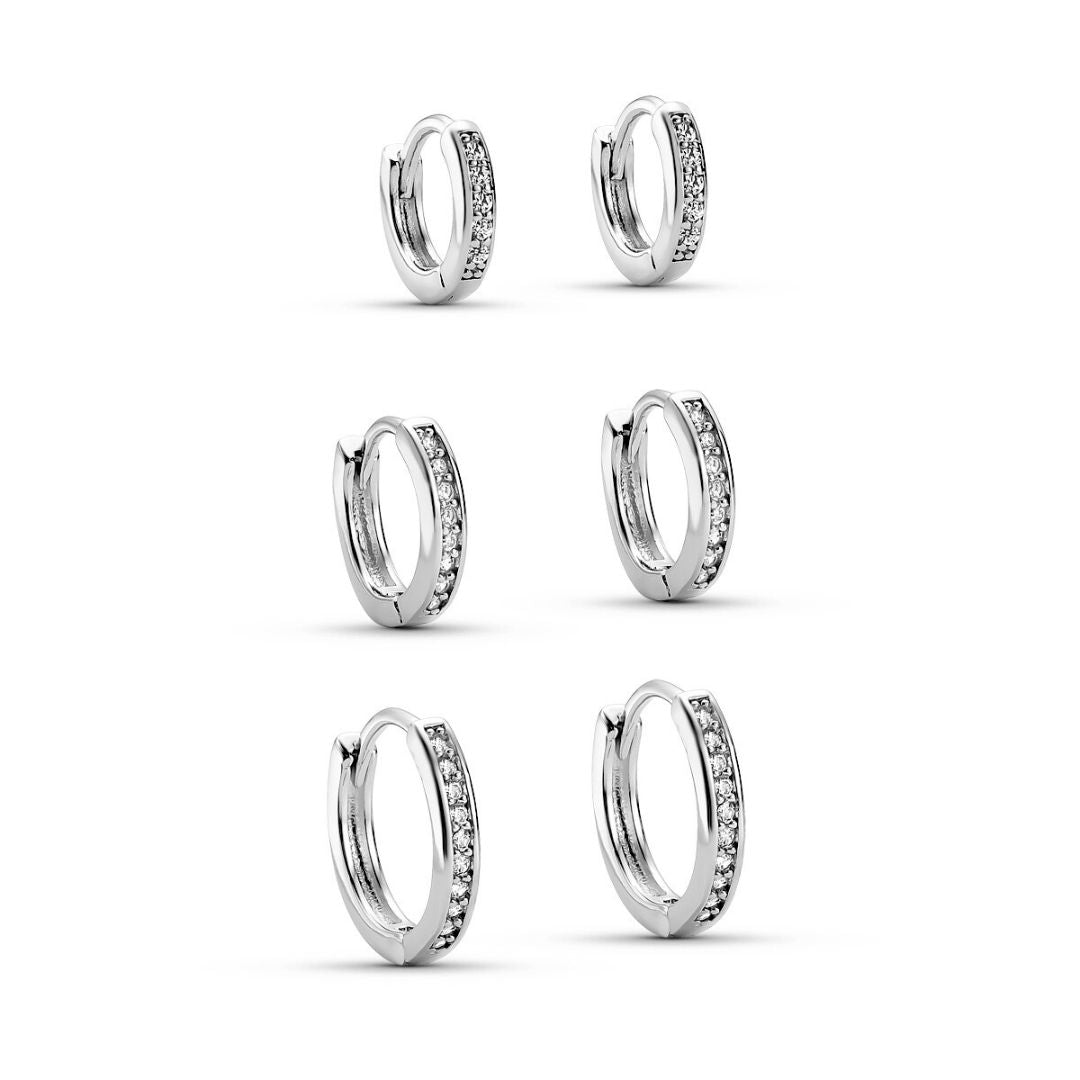 Trio de Brincos Argola Articulada com Zircônia Prata