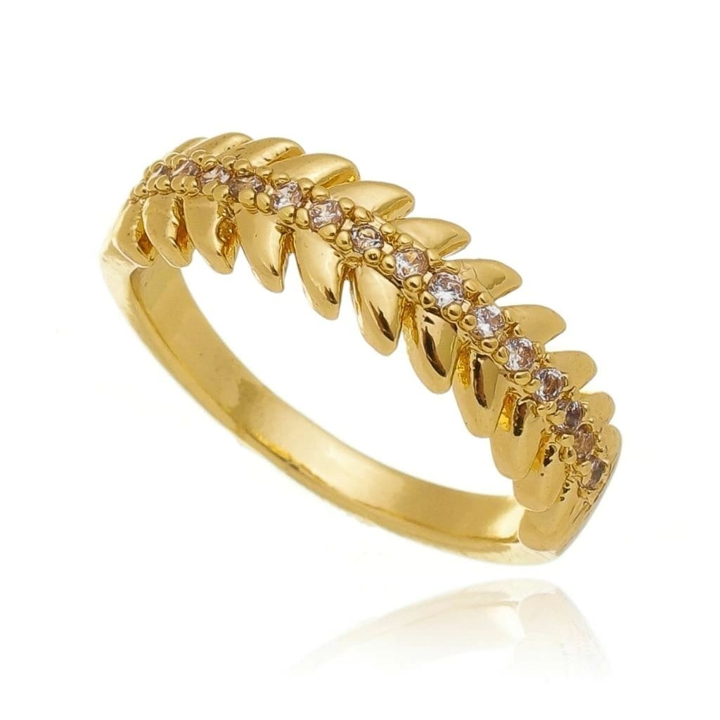 Anel Escama com Detalhe Cravejado Banhado a Ouro 18K