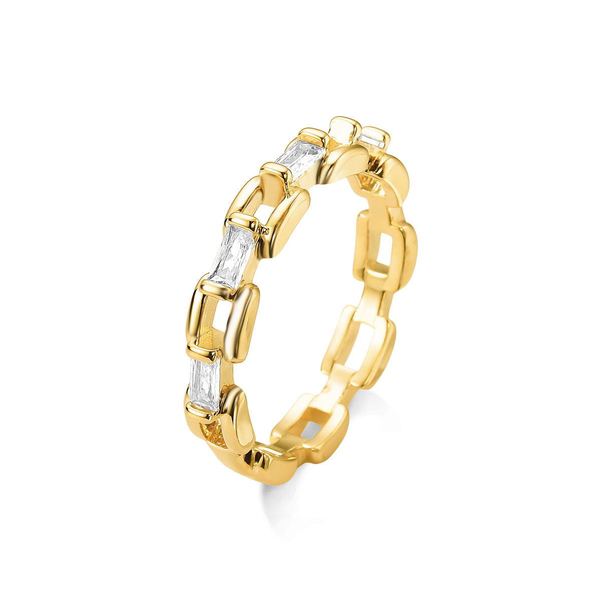 Anel com Elos Vazados e Zircônia Baguete Banhado a Ouro 18k