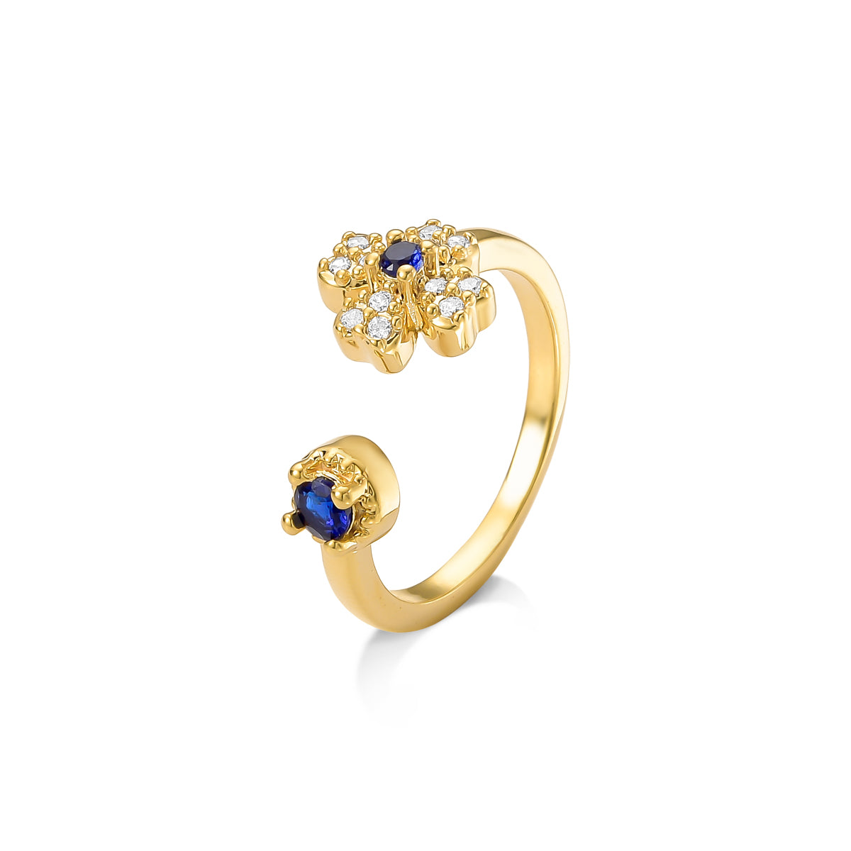 Anel Ajustável Trevo Safira  Banhado a Ouro 18k
