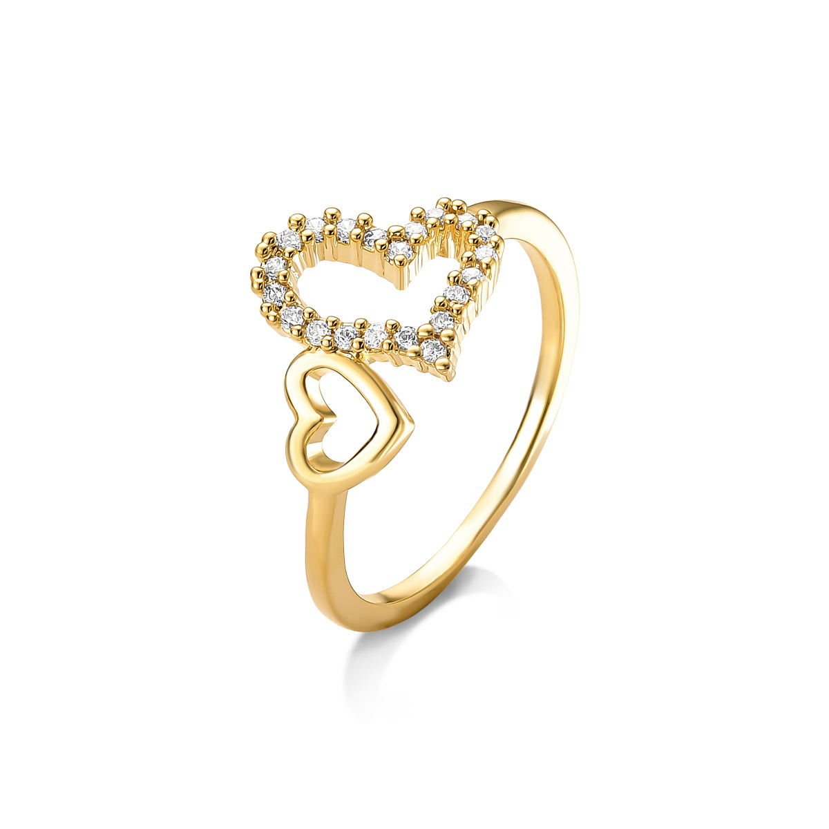 Anel Dois Corações Liso e Cravejado Banhado a Ouro 18K