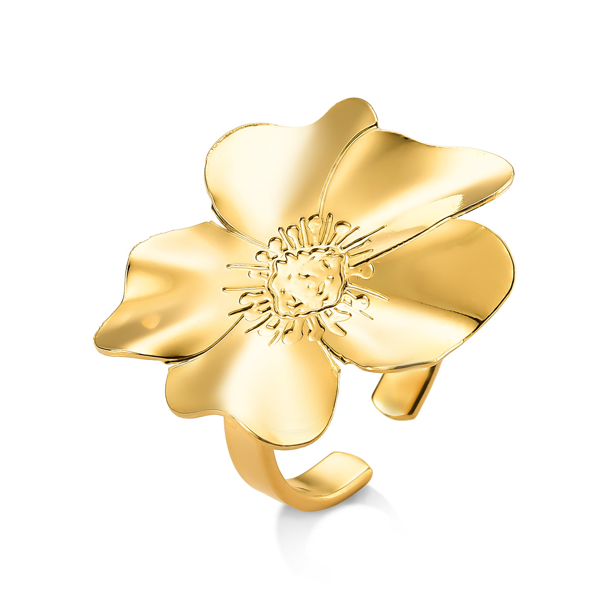 Anel Ajustável Flor de Chapa Banhado a Ouro 18K