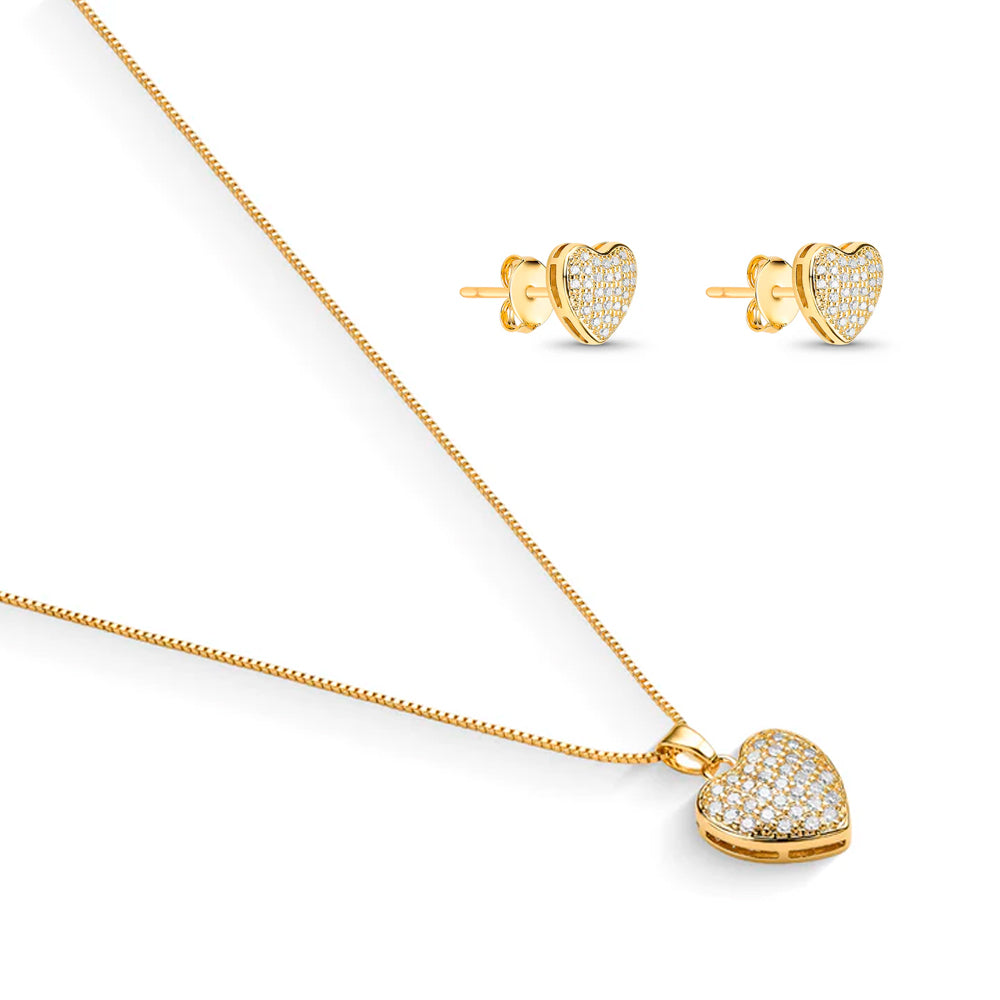 Conjunto Corrente Veneziana Brinco e Pingente de Coração Cravejado Cristal Banhado a Ouro 18k