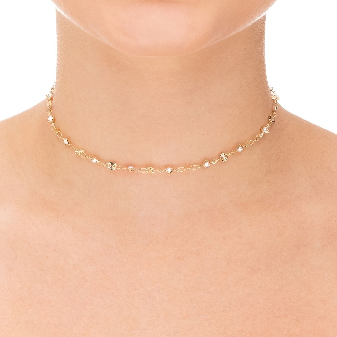 Colar Diamantado com Mini Pérolas Banhado a Ouro 18k
