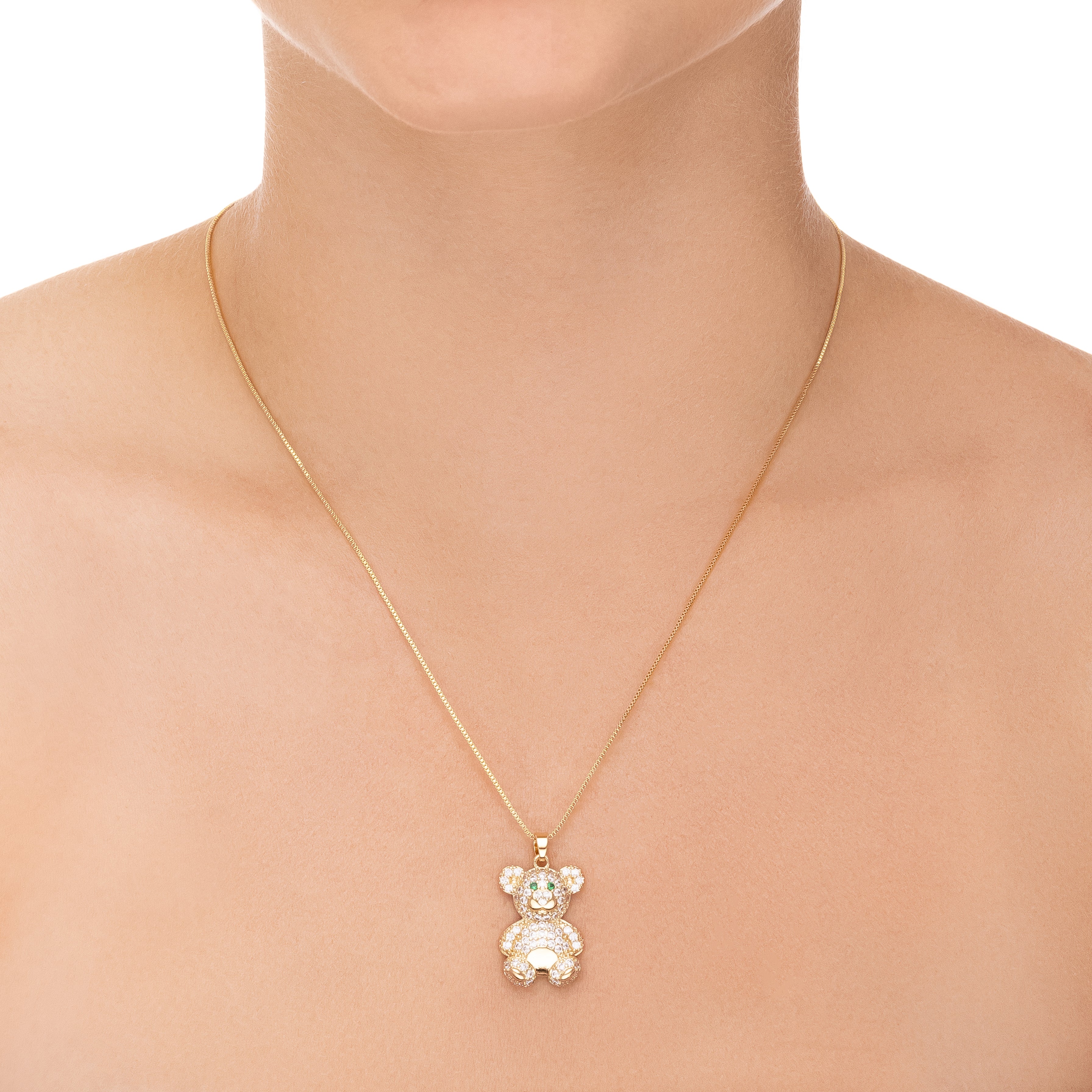 Colar Ursinho Cravejado com Corrente Veneziana Banhado a Ouro 18k