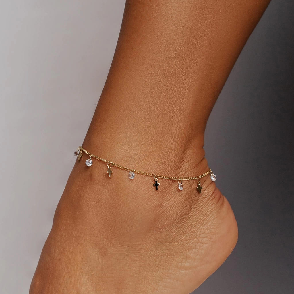 Tornozeleira Cruz Com Zircônias Banhada A Ouro 18K