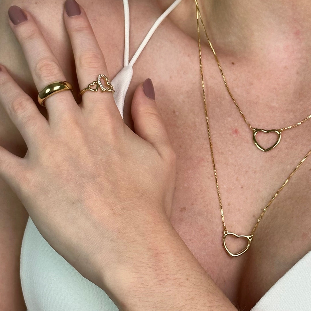 Anel Dois Corações Liso e Cravejado Banhado a Ouro 18K