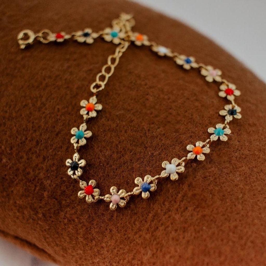 Pulseira Florzinha Colorida Banhada A Ouro 18K