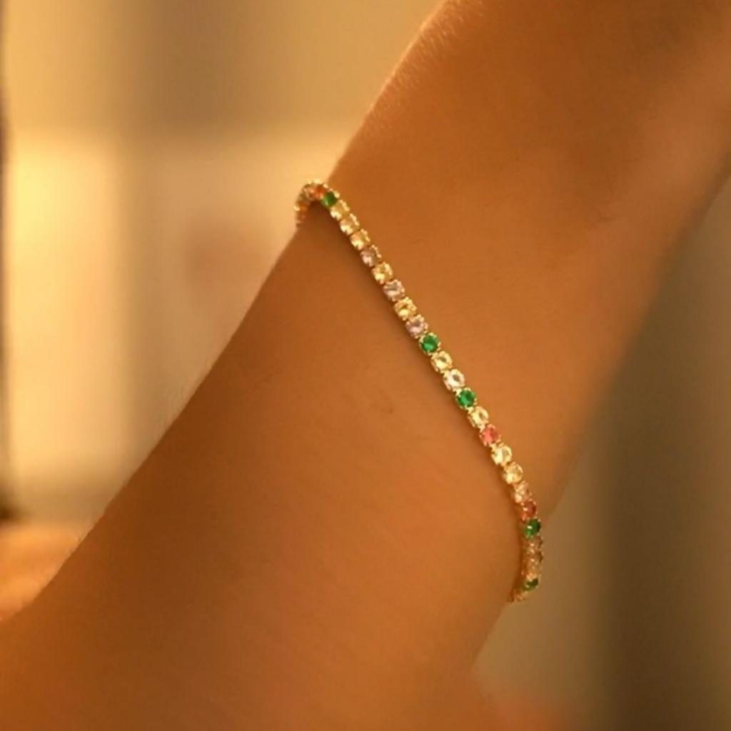 Pulseira Riviera Colorida Banhada A Ouro 18K