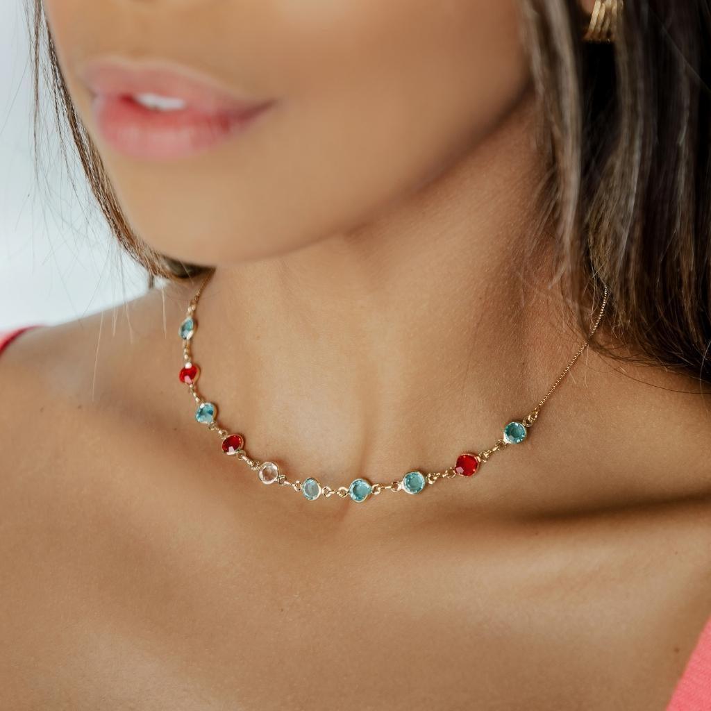 Choker Com Zircônias Coloridas Banhada a Ouro 18K - Mafê Acessórios