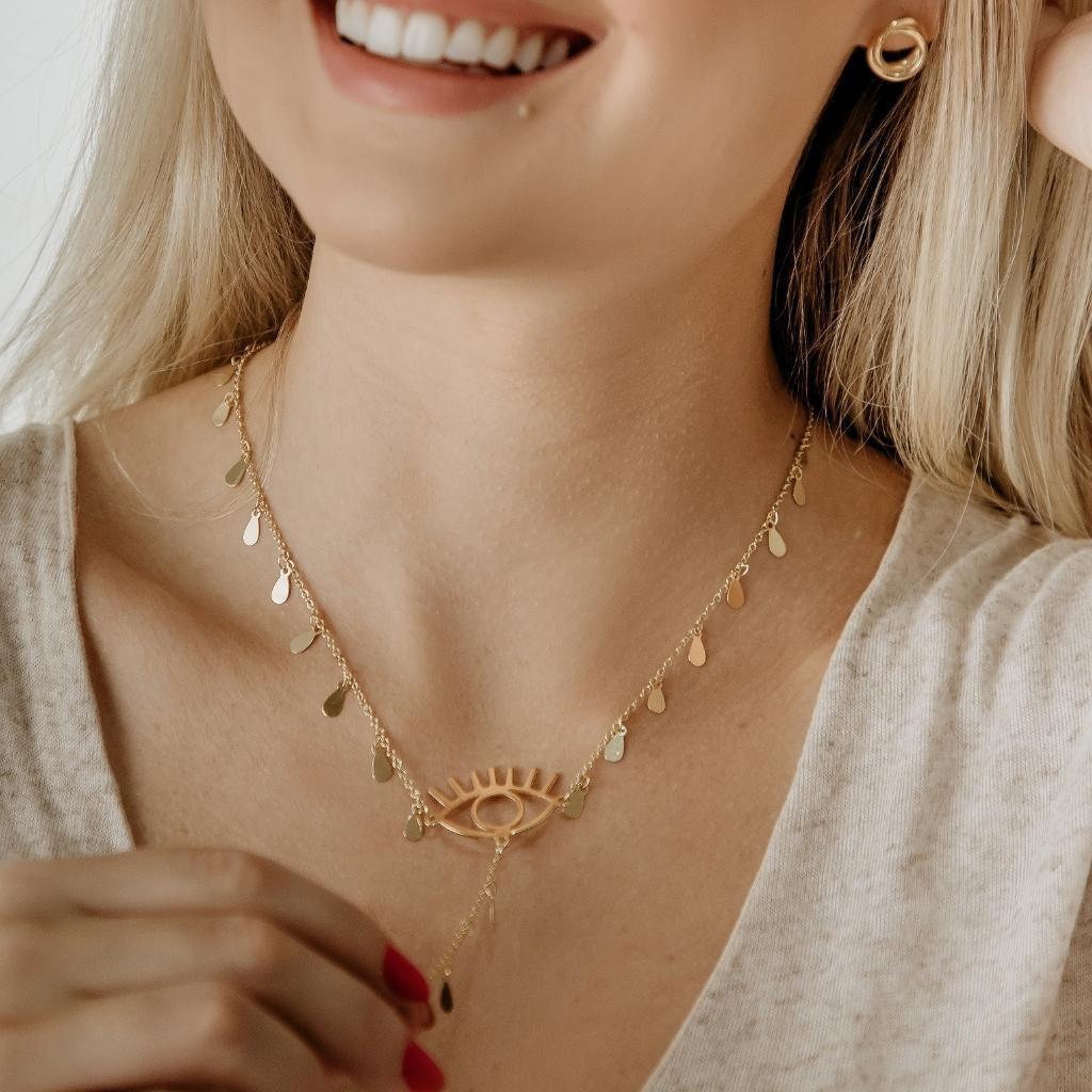 Colar Gravata Olho Grego com Gotas Banhado a Ouro 18K - Mafê Acessórios
