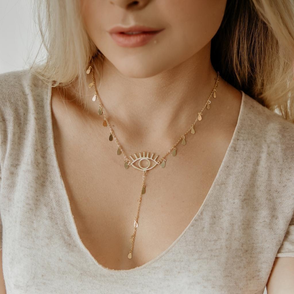 Colar Gravata Olho Grego com Gotas Banhado a Ouro 18K - Mafê Acessórios