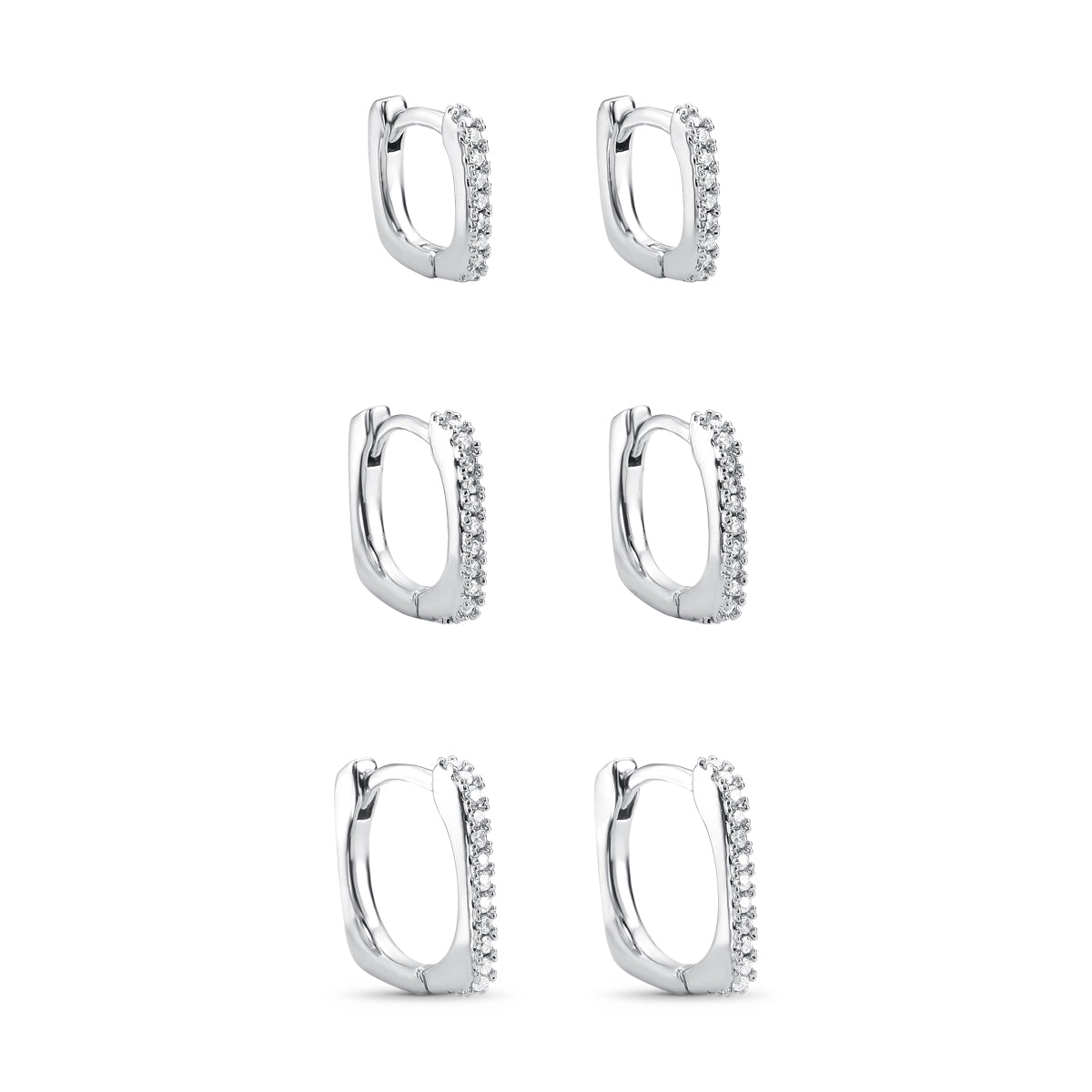 Trio de Brincos Argola Click Quadrada Cravejada Prata