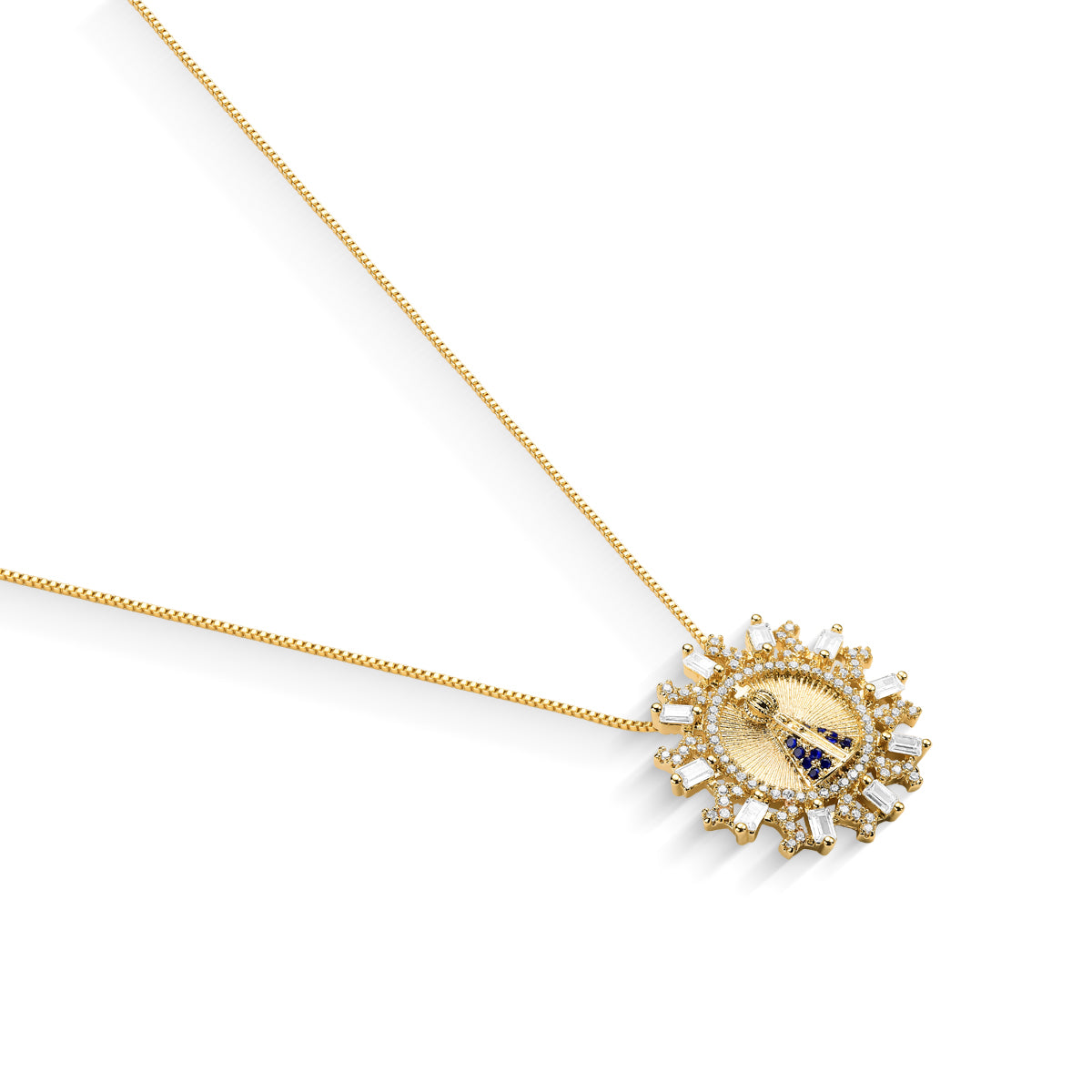 Colar Nossa Senhora com Zircônia Baguete e Corrente Veneziana Banhado a Ouro 18k