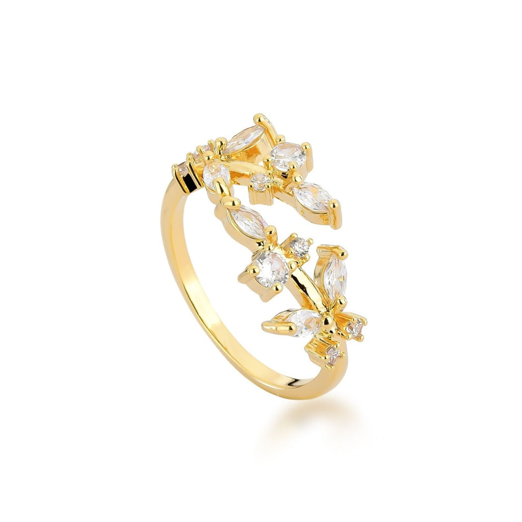 Anel Ajustável Folhas com Zircônias Banhado a Ouro 18k