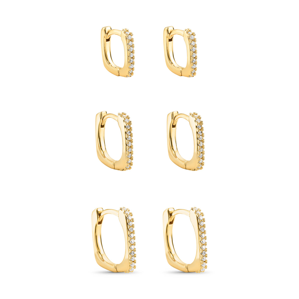 Trio de Brincos Argola Click Quadrada Cravejada Banhado a Ouro 18k