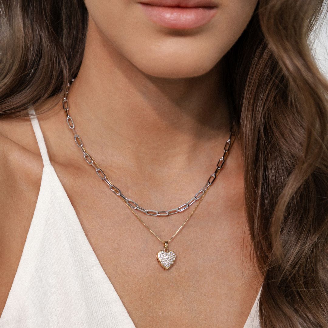 Conjunto Corrente Veneziana Brinco e Pingente de Coração Cravejado Cristal Banhado a Ouro 18k