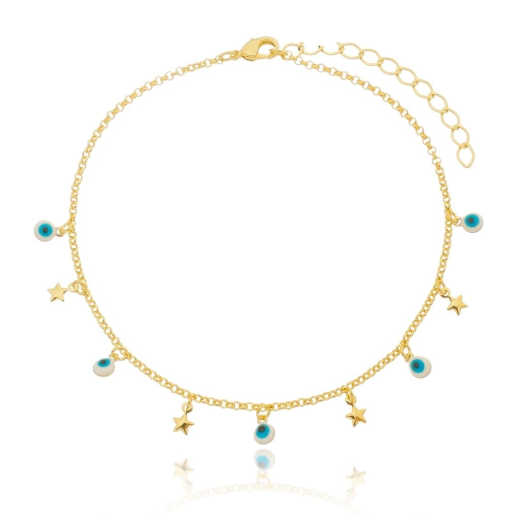 Tornozeleira Olho Grego Com Estrelas Banhada A Ouro 18K