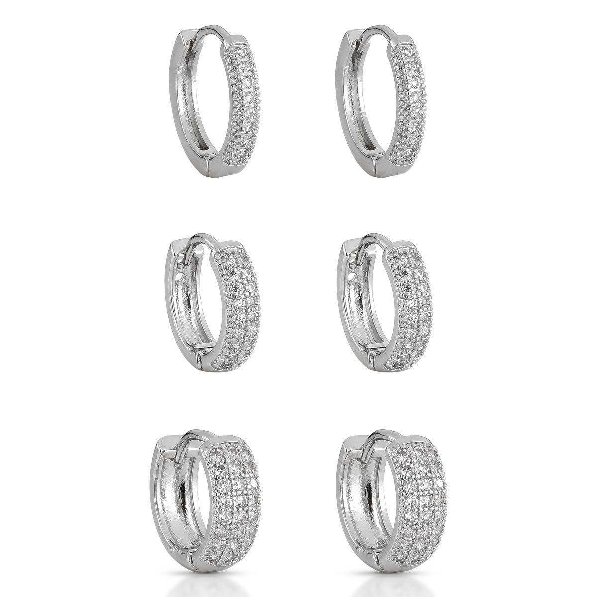 Trio de Brincos Argola Click Cravejada Prata
