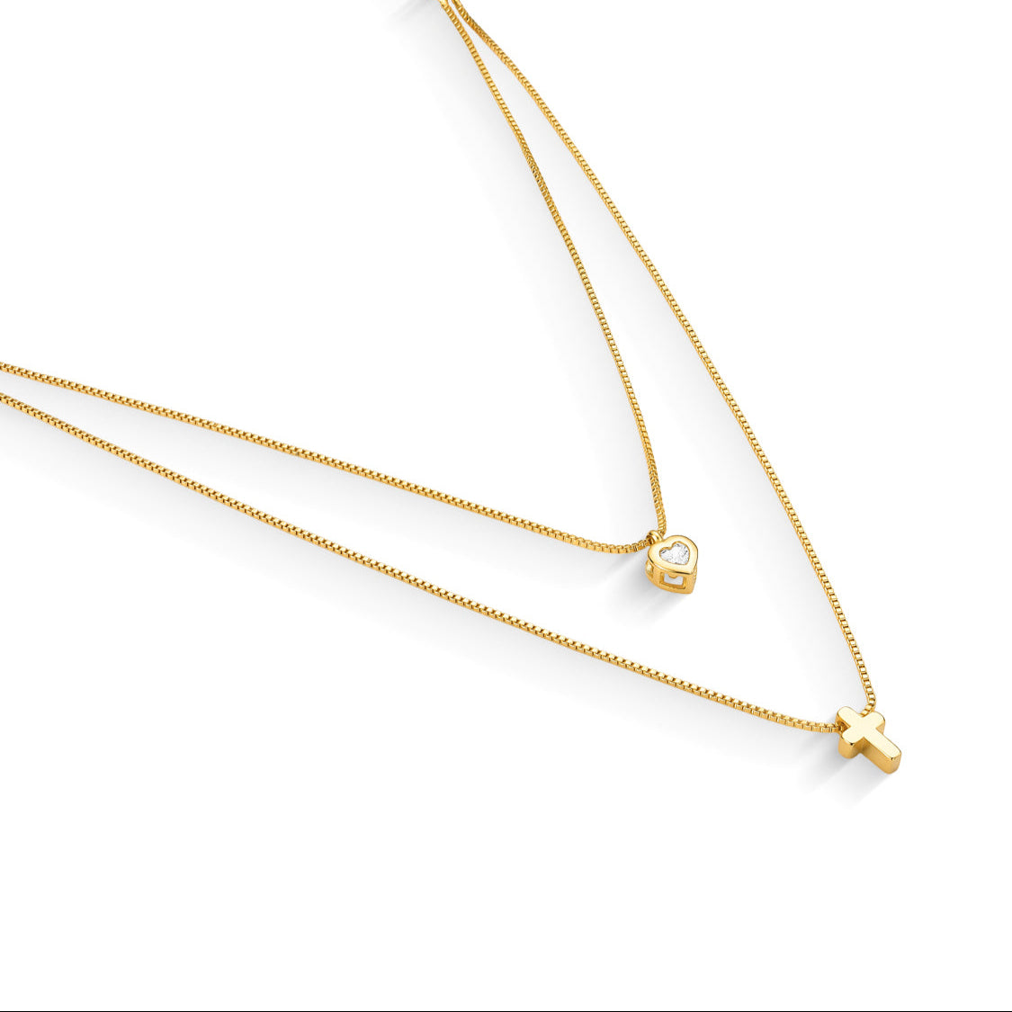 Colar Duplo Cruz e Ponto de Luz Banhado a Ouro 18K