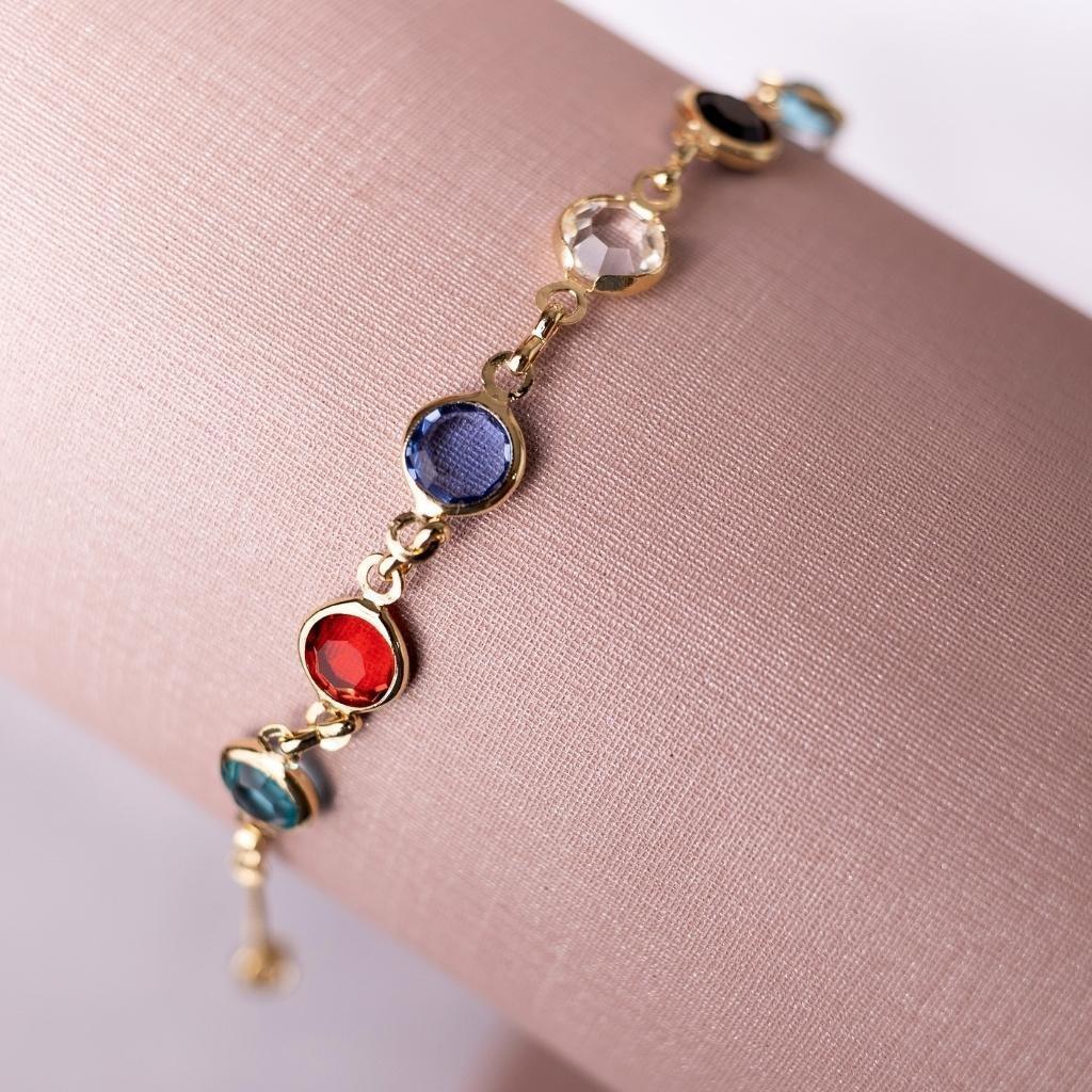 Pulseira Com Zircônias Coloridas Banhada A Ouro 18K