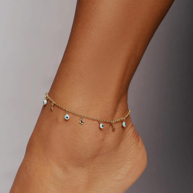 Tornozeleira Olho Grego Com Estrelas Banhada A Ouro 18K