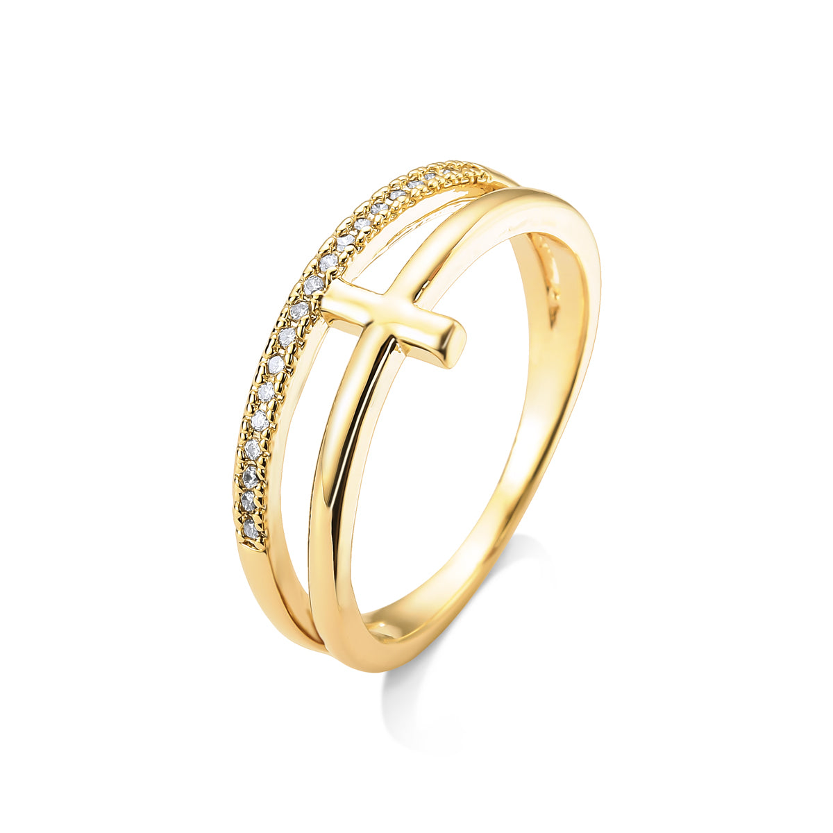 Anel Dois Fios Cravejado e Liso Banhado a Ouro 18k