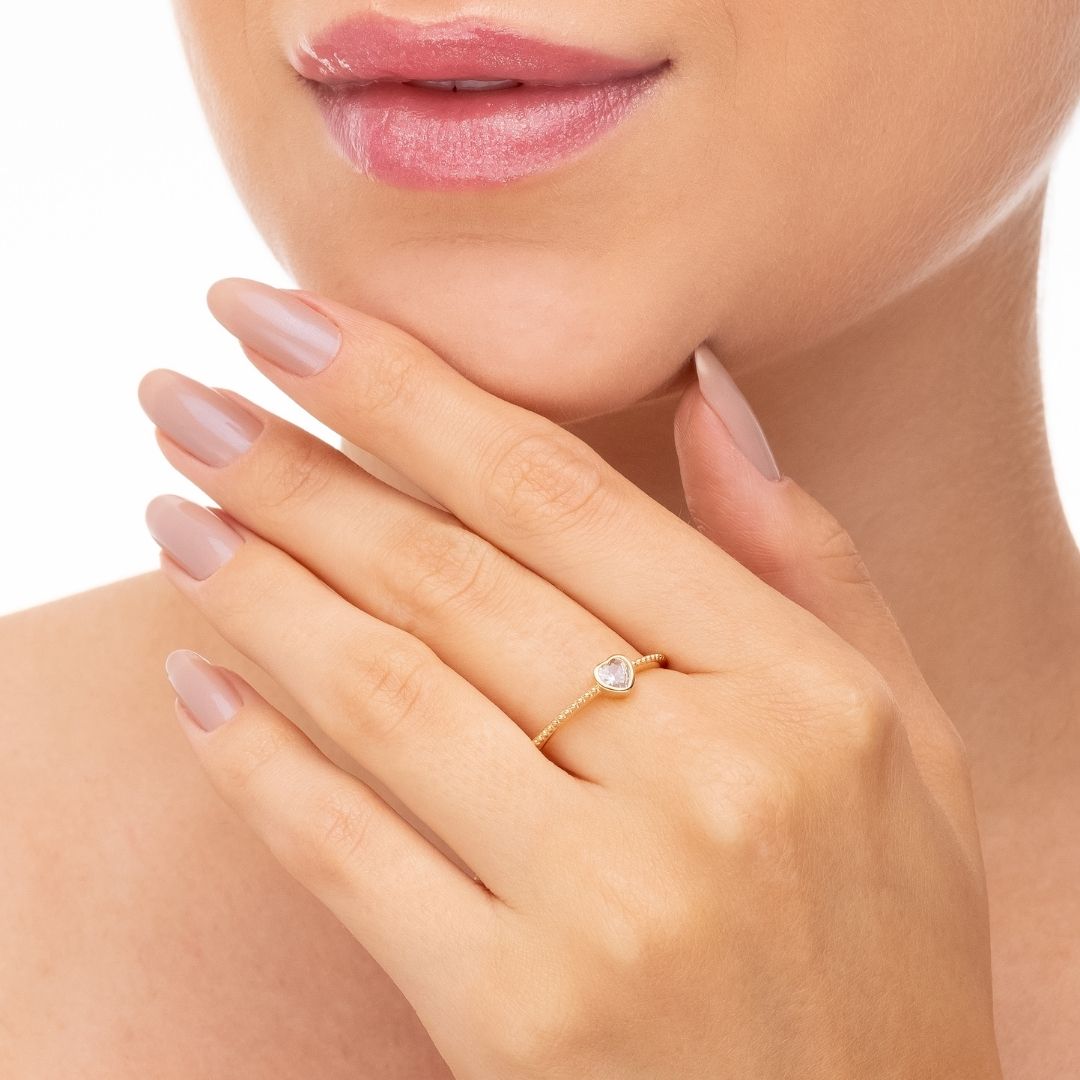 Anel Coração Cristal com Bolinha Banhado a Ouro 18k