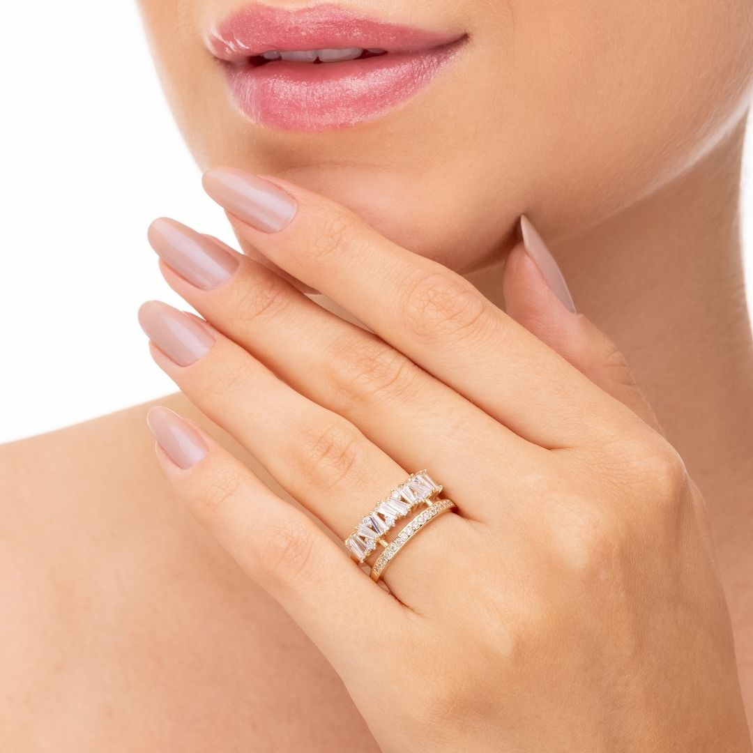 Anel Duplo Com Zircônia Trabalhado Banhado A Ouro 18k