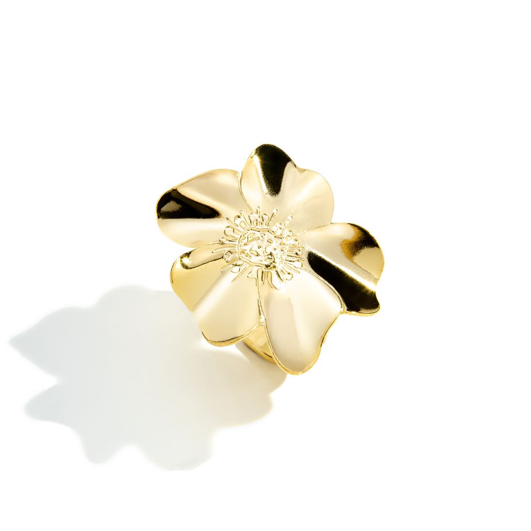 Anel Ajustável Flor de Chapa Banhado a Ouro 18K