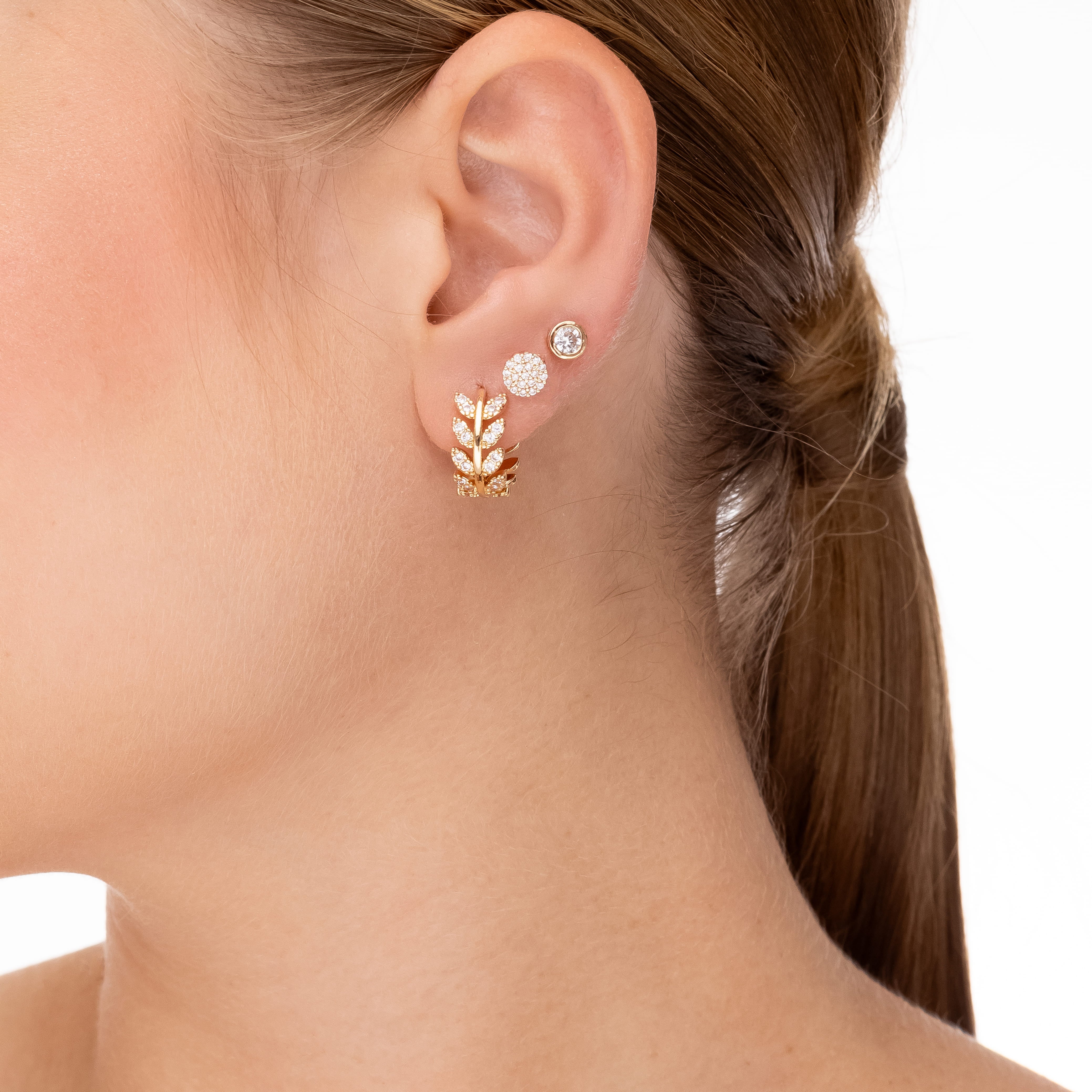 Trio de Brincos Argola Folha Cravejada Banhado a Ouro 18k