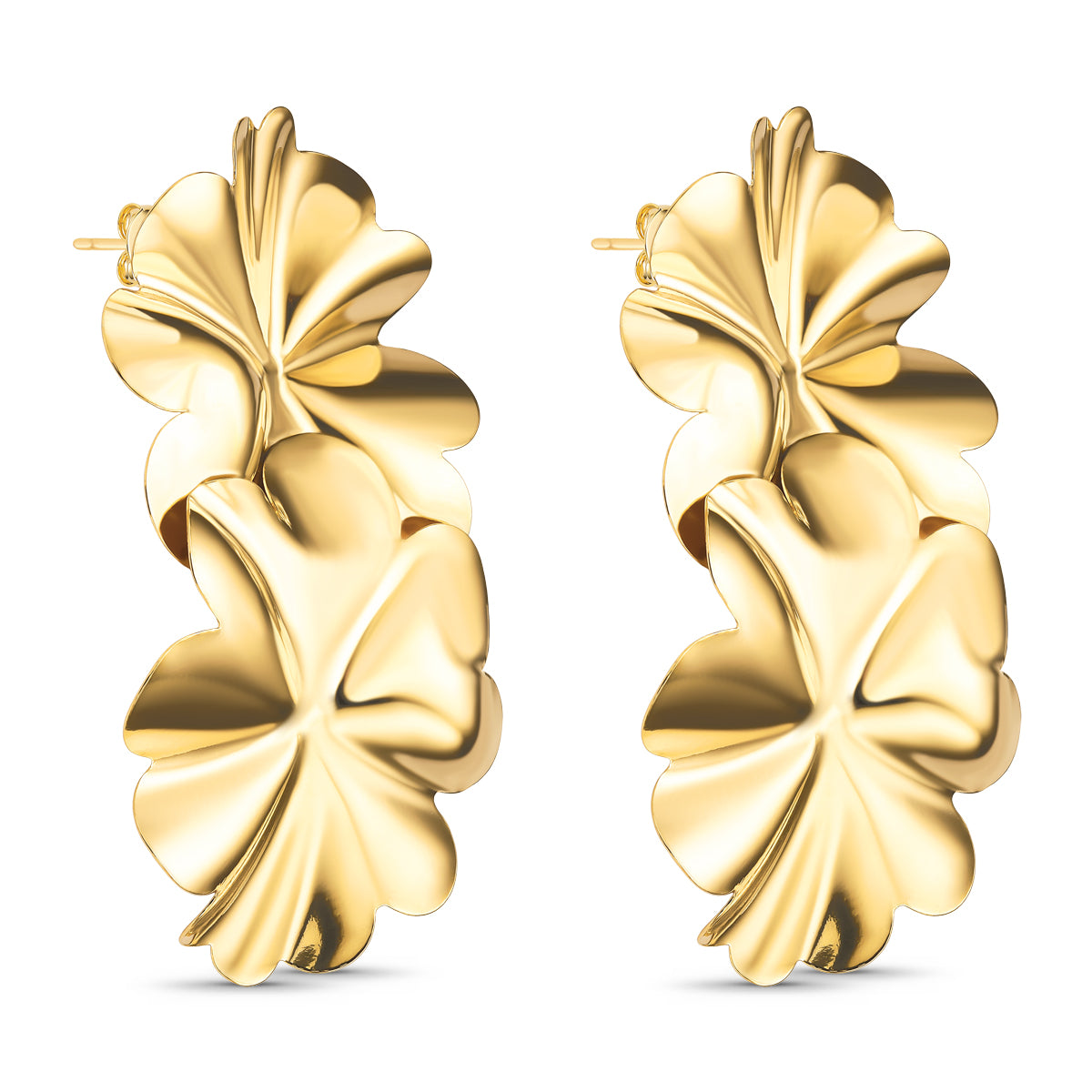 Brinco de Chapa com Duas Flores Banhado a Ouro 18K