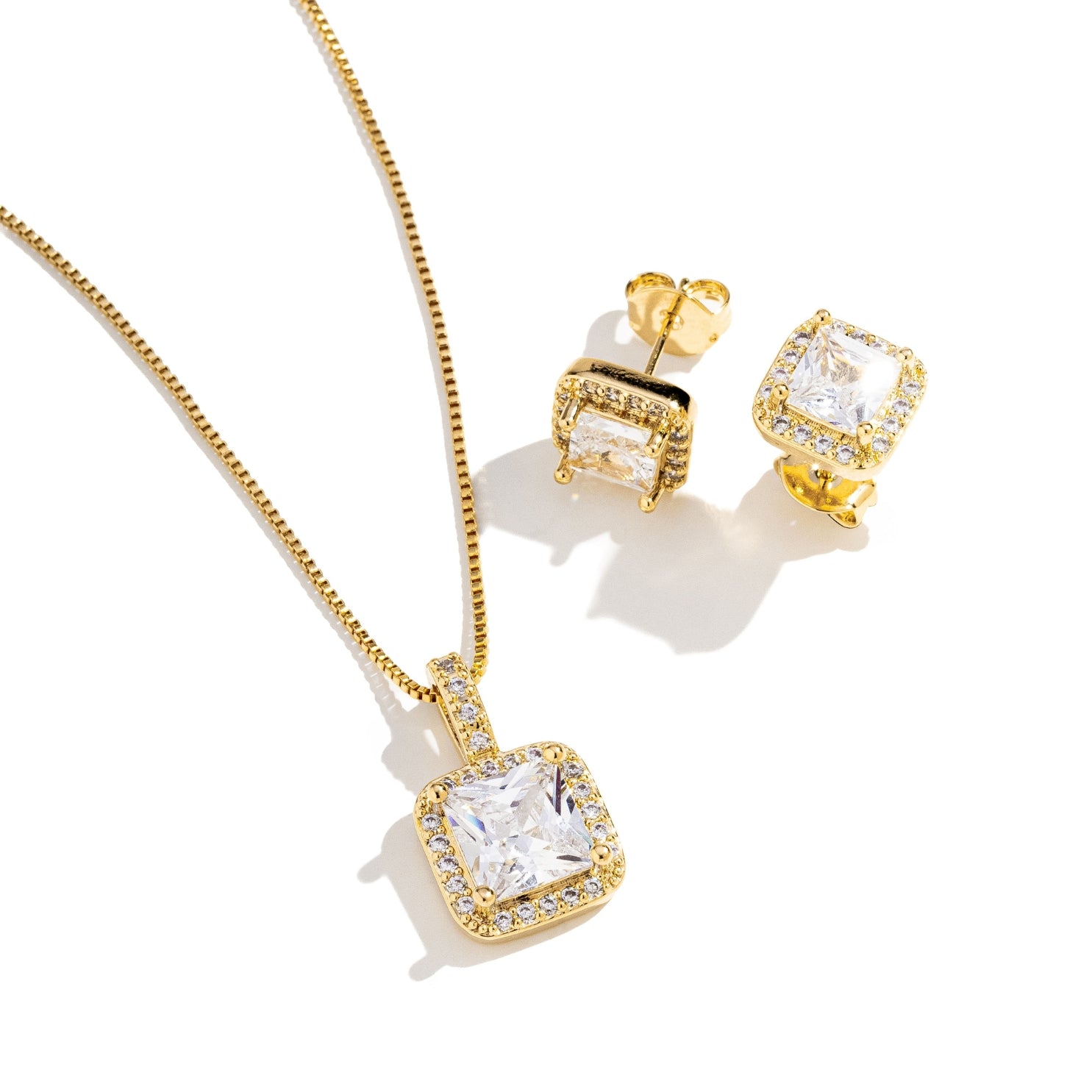 Conjunto Corrente Veneziana Brinco e Pingente Cravejado com Zircônia Quadrada Banhado a Ouro 18k