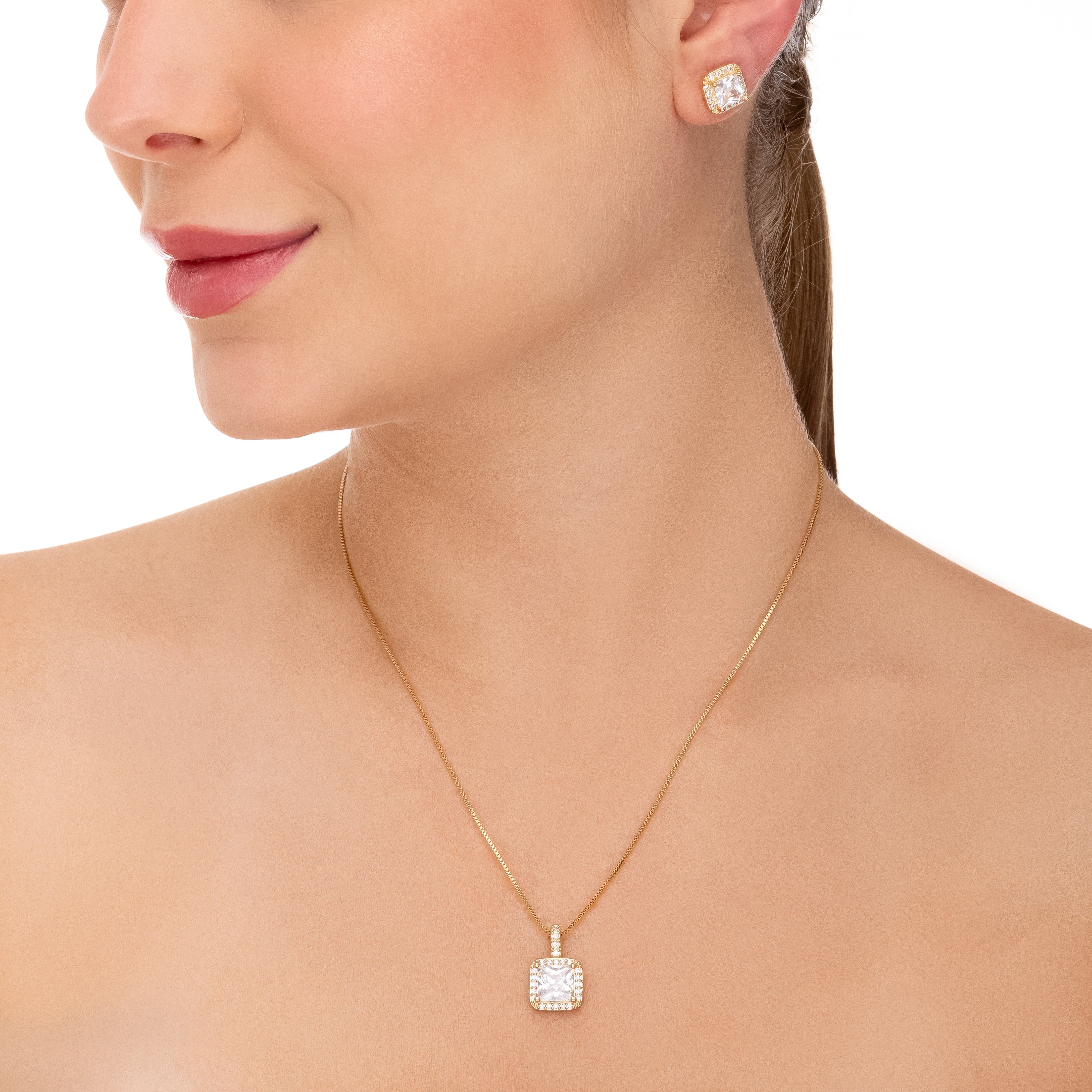 Conjunto de corrente veneziana com brinco cravejado de zircônias quadradas, banhado a ouro 18k