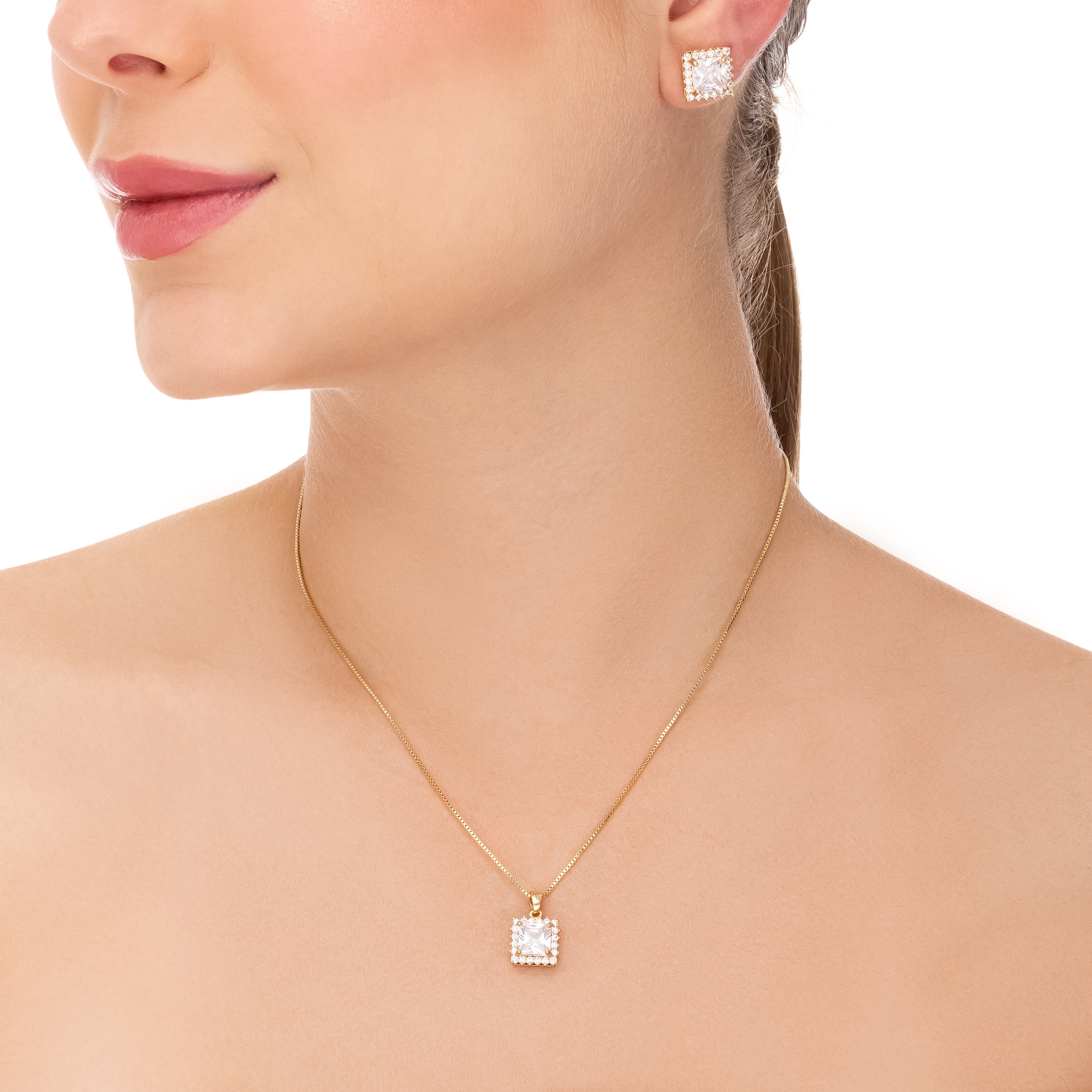 Conjunto Corrente Veneziana Brinco e Pingente Cravejado com Zircônia Quadrada Banhado a Ouro 18k