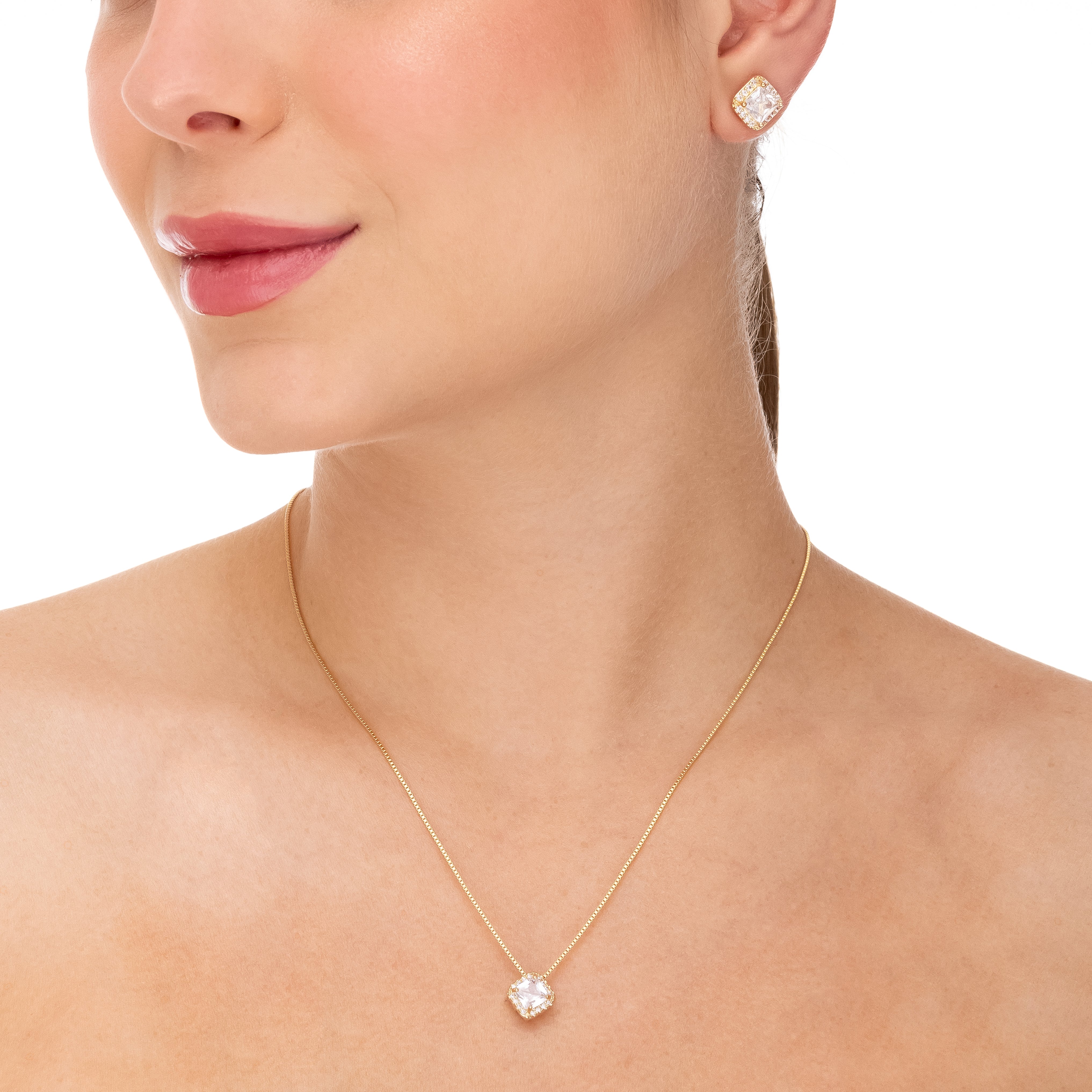 Conjunto Corrente Veneziana Brinco e Pingente Cravejado com Zircônia Quadrada Arredondada Banhado a Ouro 18k