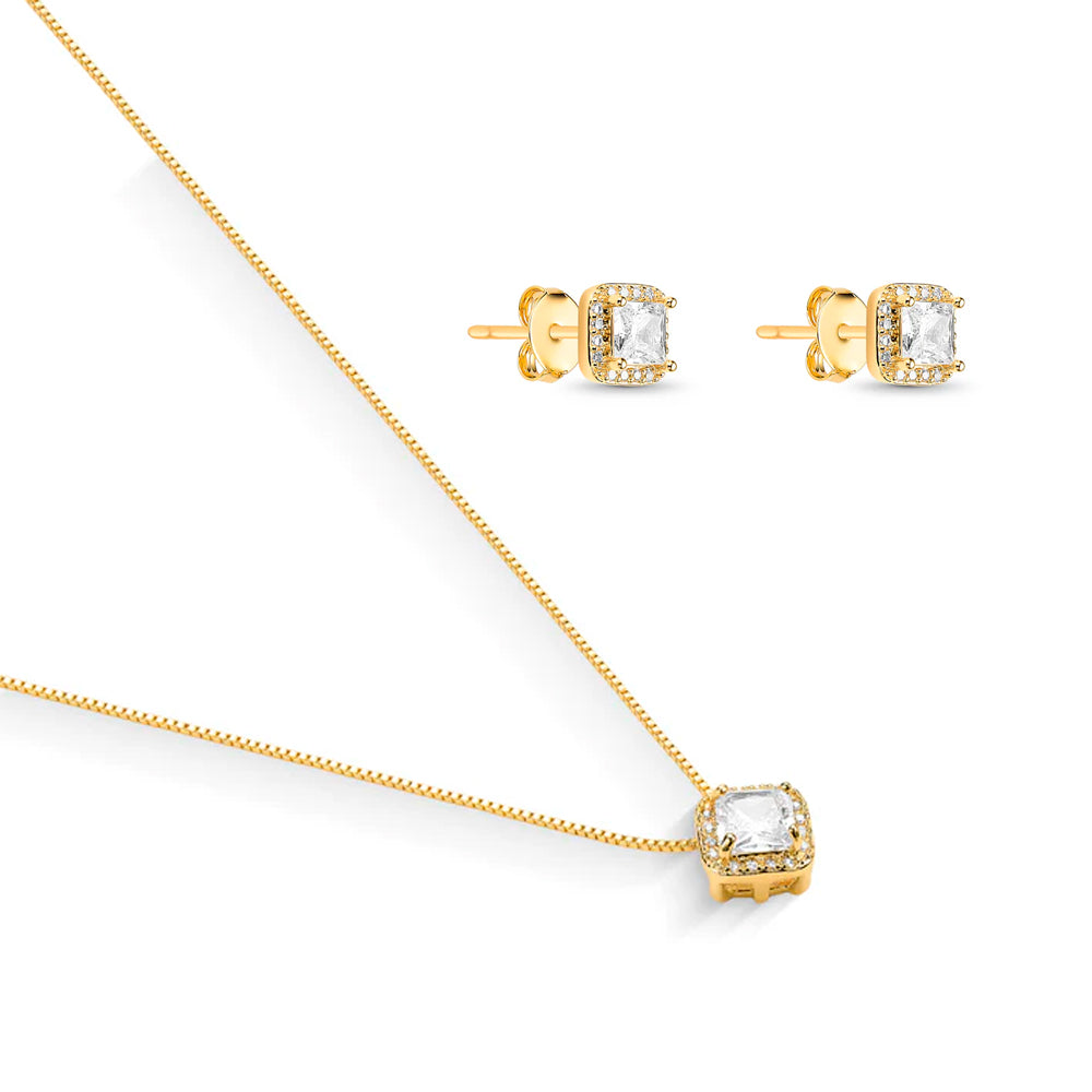 Conjunto Corrente Veneziana Brinco e Pingente Cravejado com Zircônia Quadrada Arredondada Banhado a Ouro 18k
