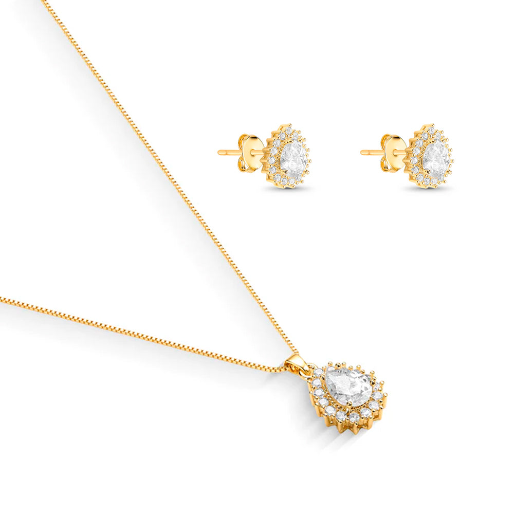 Conjunto Corrente Veneziana Brinco e Pingente Cravejado com Zircônia de Gota Banhado a Ouro 18k