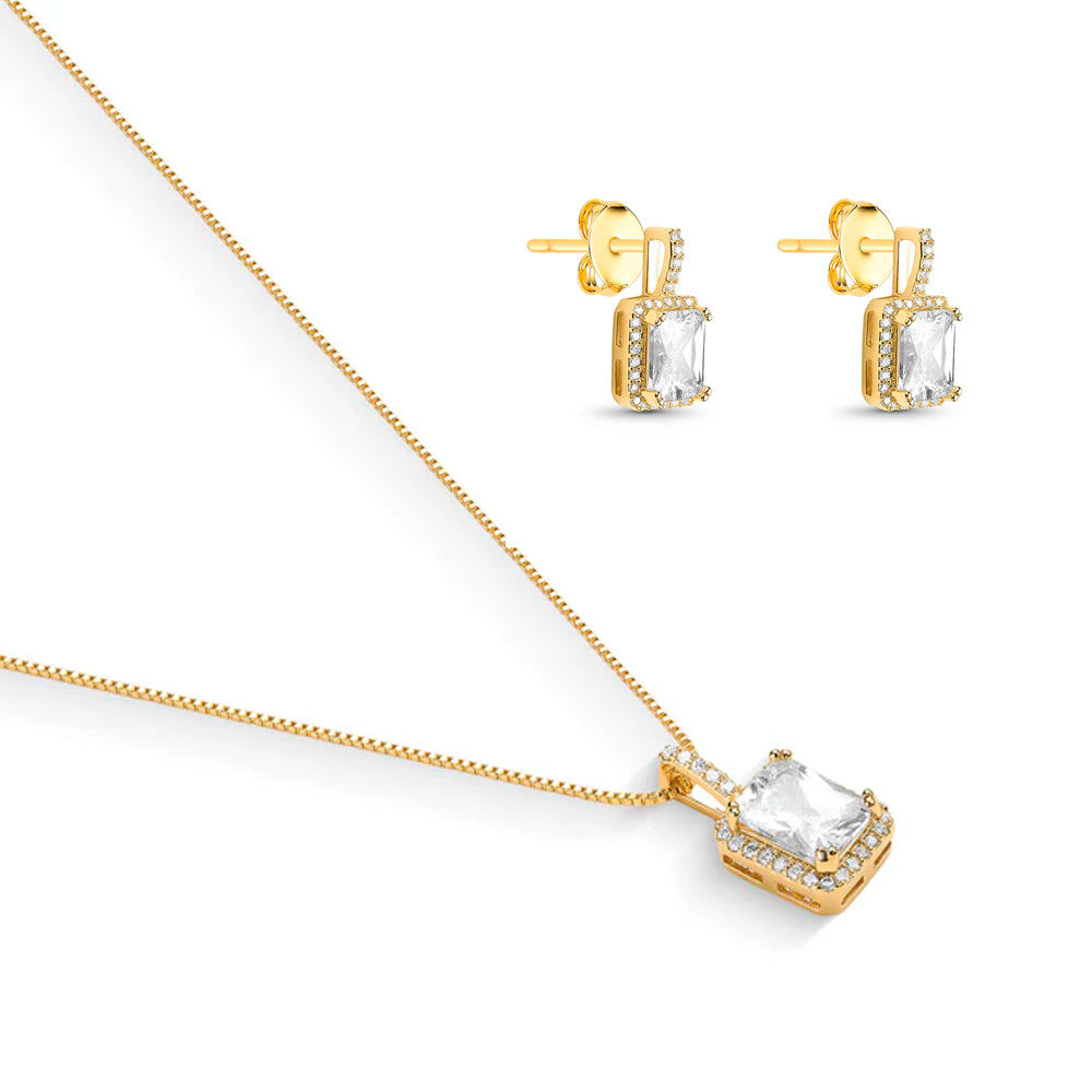 Conjunto Corrente Veneziana Brinco e Pingente Cravejado com Baguete de Zircônia Cristal Banhado a Ouro 18k