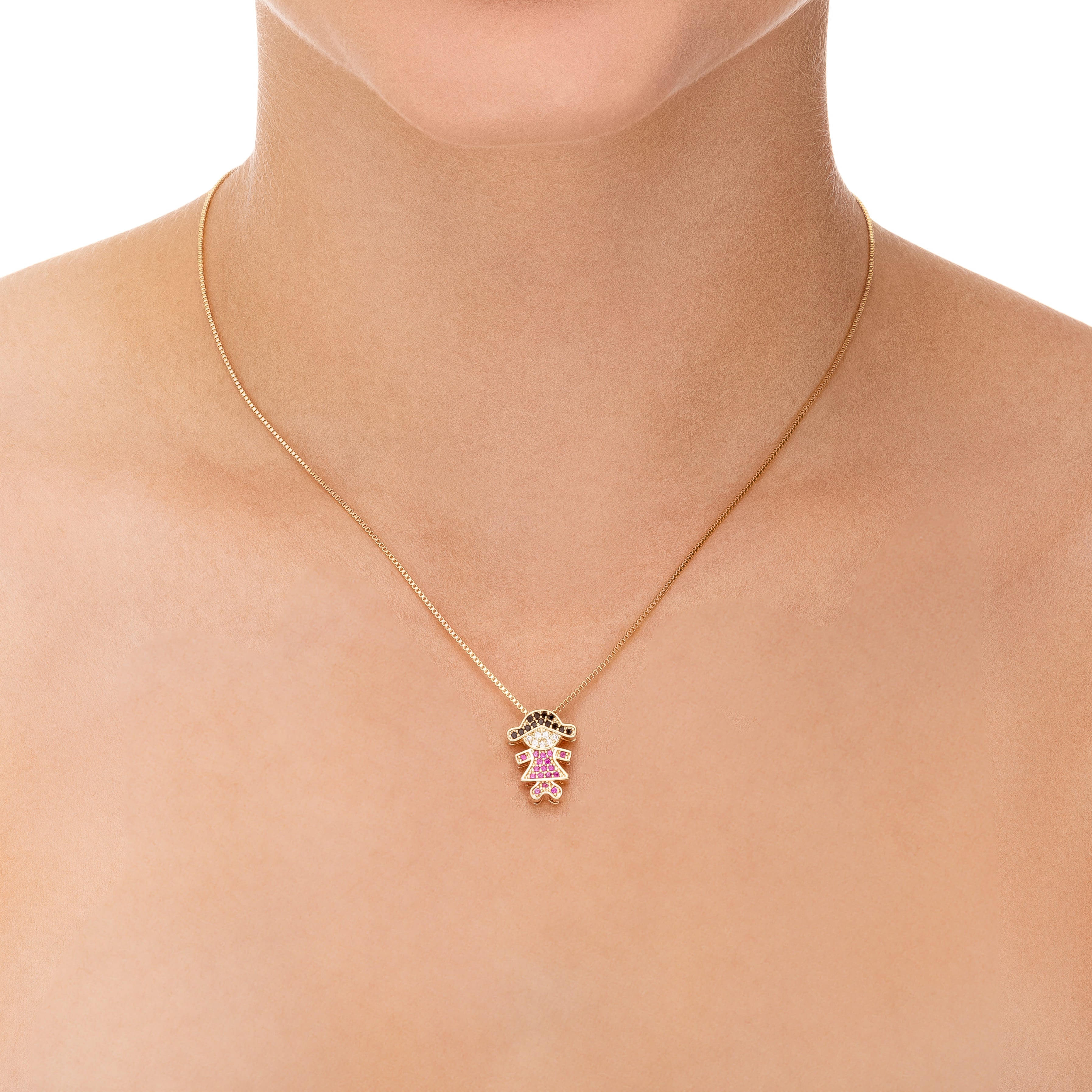 Colar Menina Cravejada com Corrente Veneziana Banhado a Ouro 18k