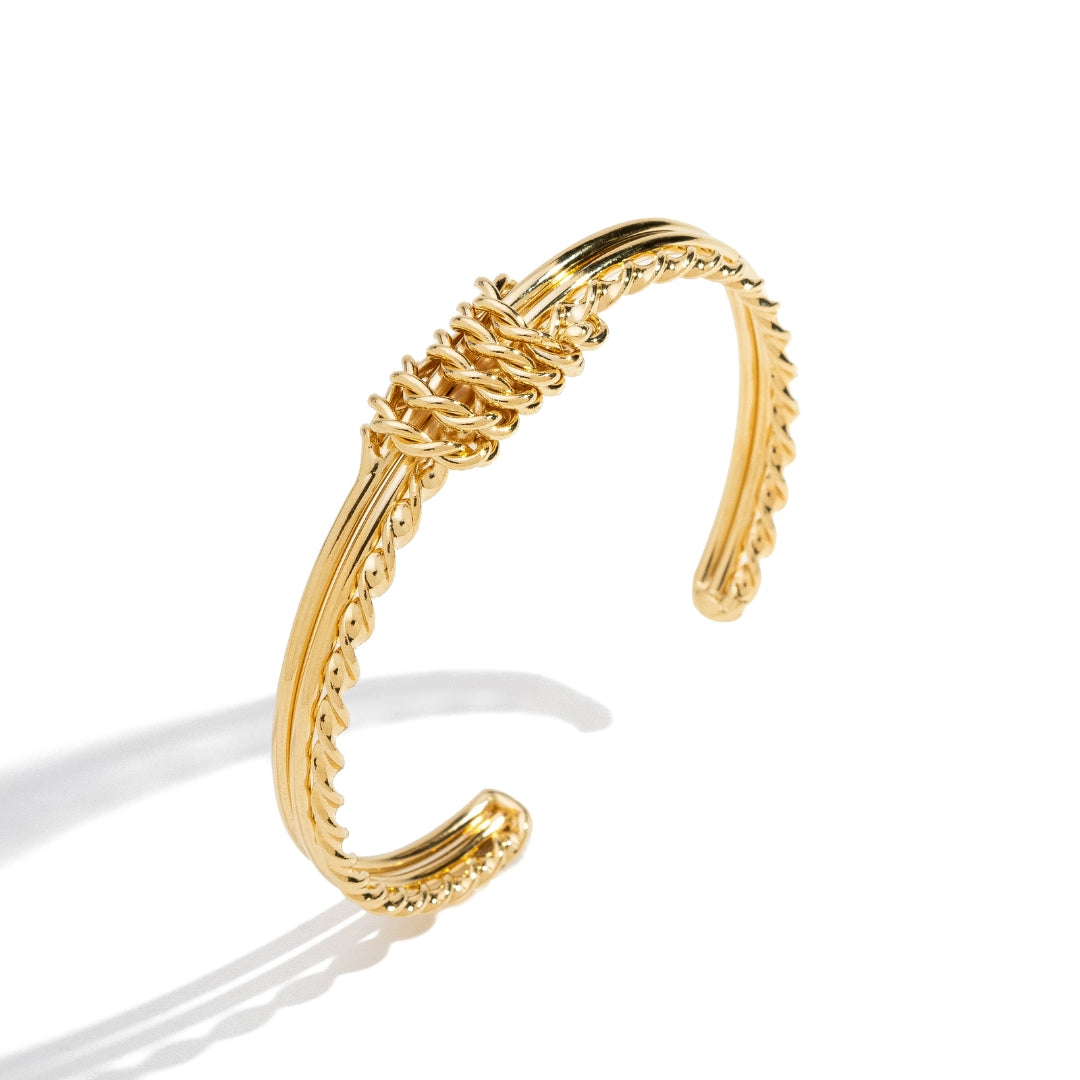 Bracelete Fio Liso e Torcido com Aros Torcidos Banhado a Ouro 18K