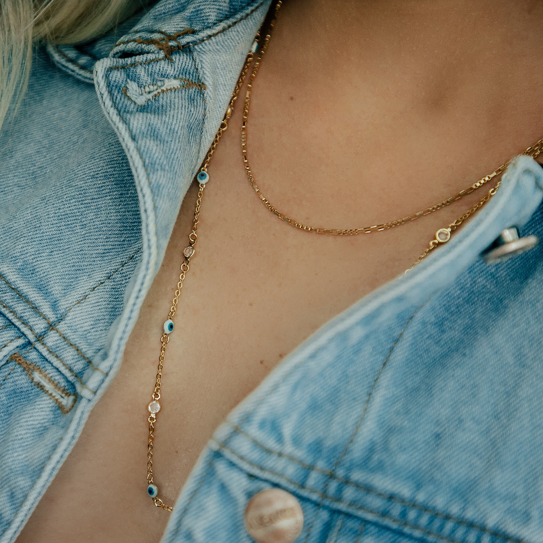 Colar Olho Grego com Pedras Cristais Banhado a Ouro 18k
