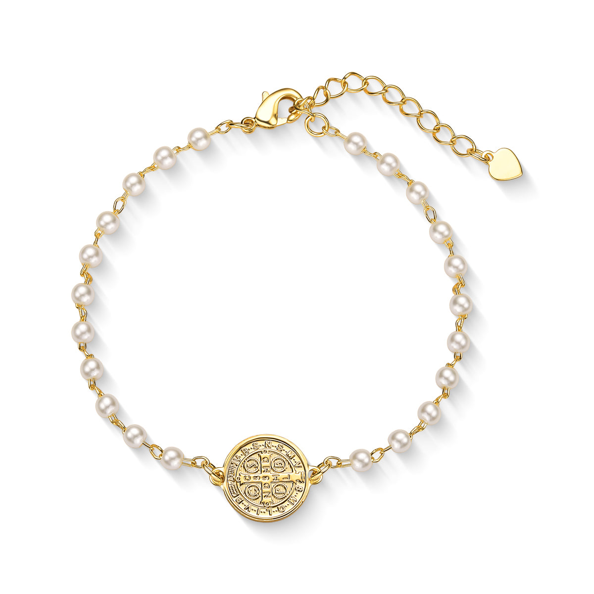 Pulseira de Pérola com Medalha São Bento Banhado a Ouro 18K