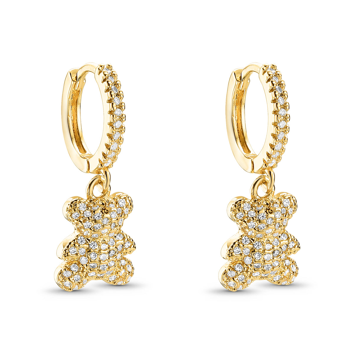 Brinco Argola Click com Ursinho Cravejado Banhado a Ouro 18k