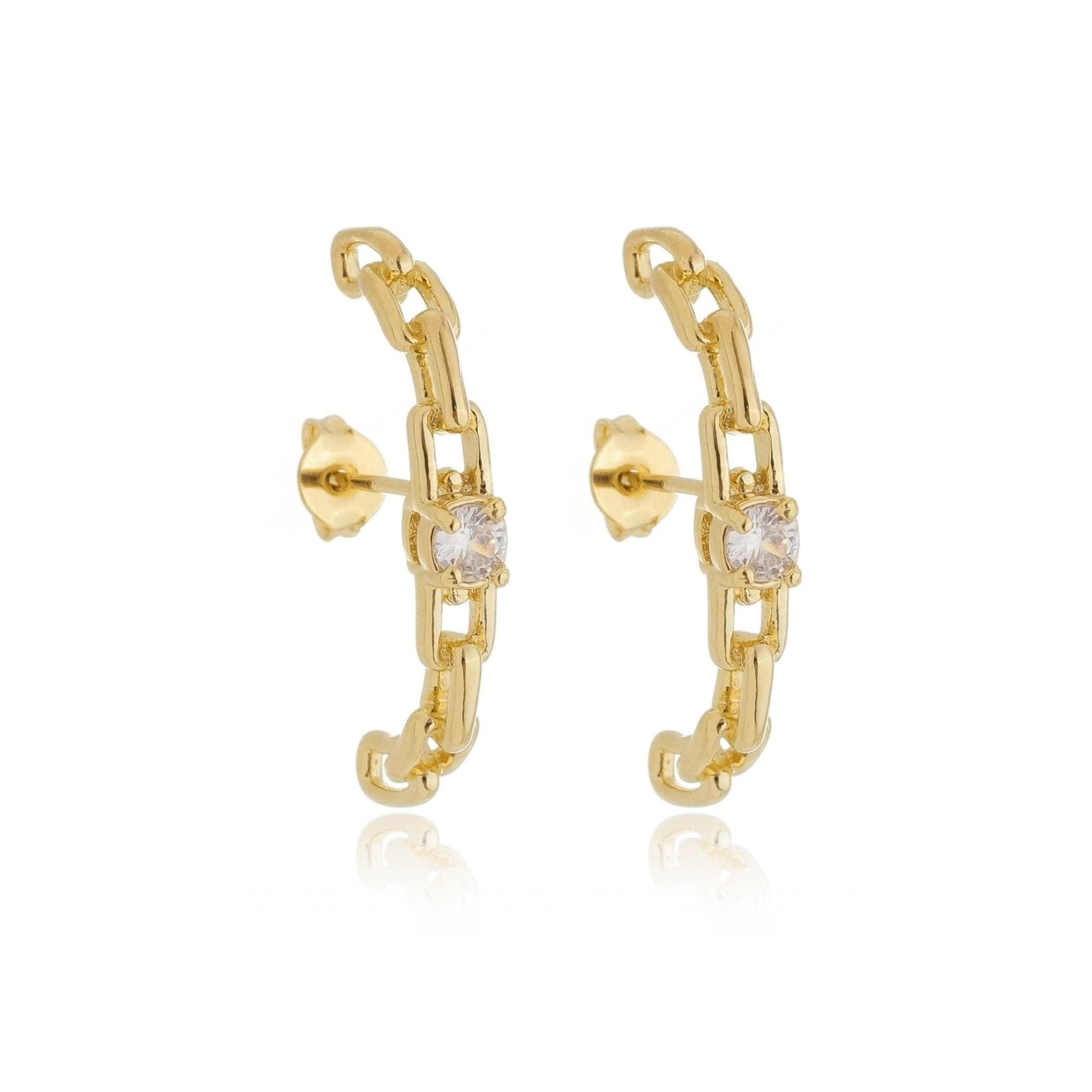 Brinco Ear Hook Corrente Com Ponto De Luz Banhado A Ouro 18K