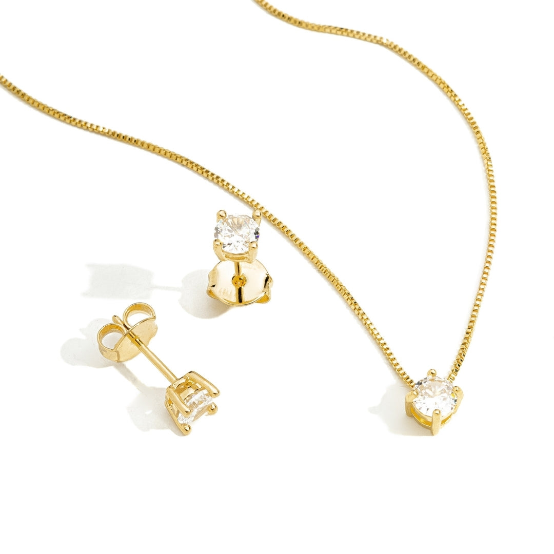 Conjunto Ponto de Luz Zircônia Cristal Banhado a Ouro 18K